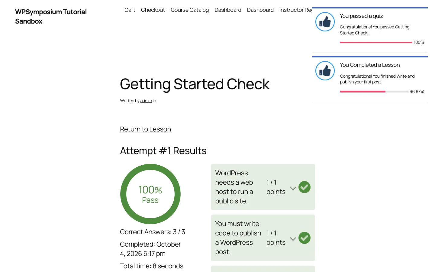 LifterLMS quiz results page showing 100 percent pass, 3 of 3 correct answers and pop-up achievement notifications