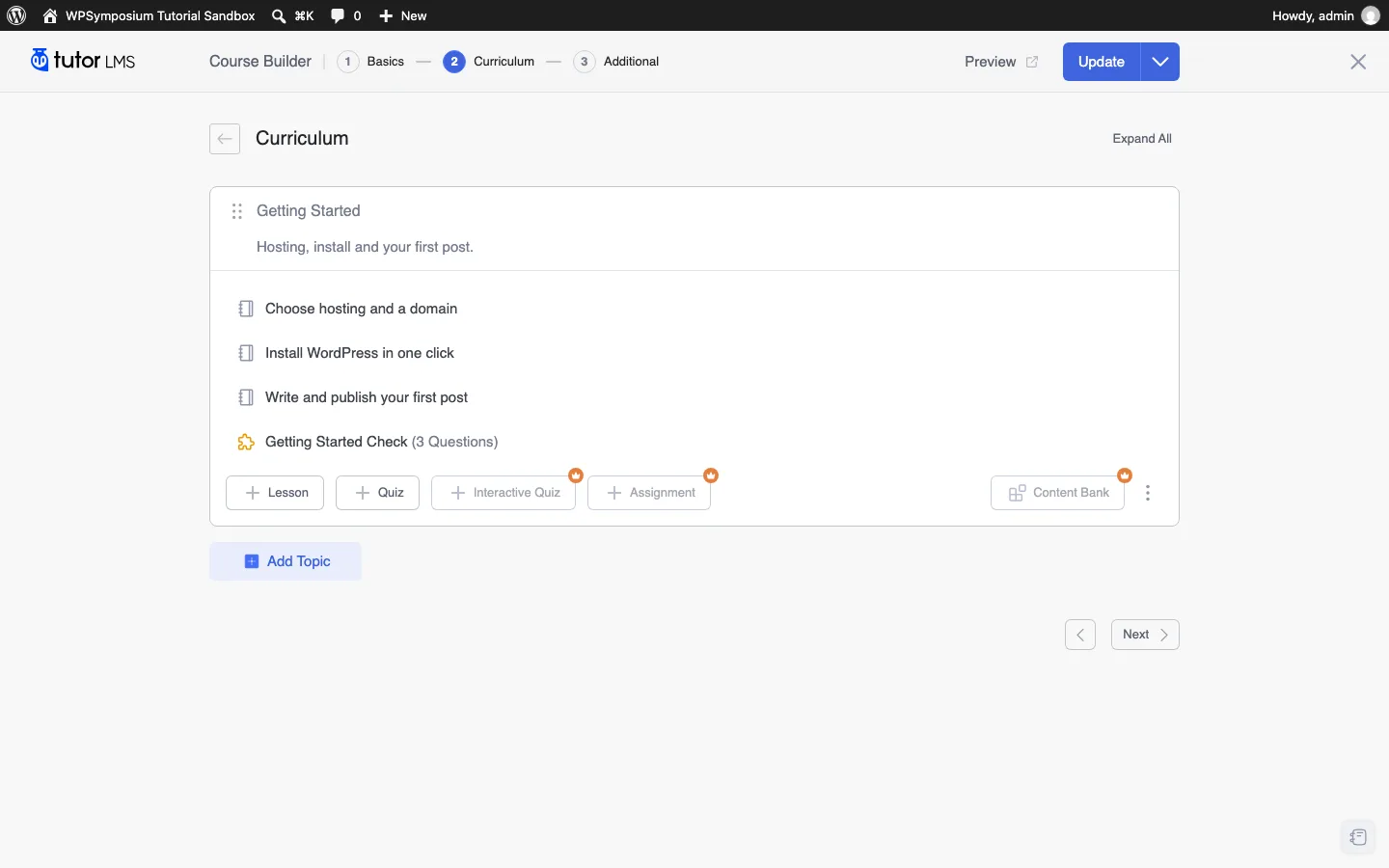 Tutor LMS course builder Curriculum step with a Getting Started topic, three lessons and a quiz, with Pro-only buttons for Interactive Quiz, Assignment and Content Bank