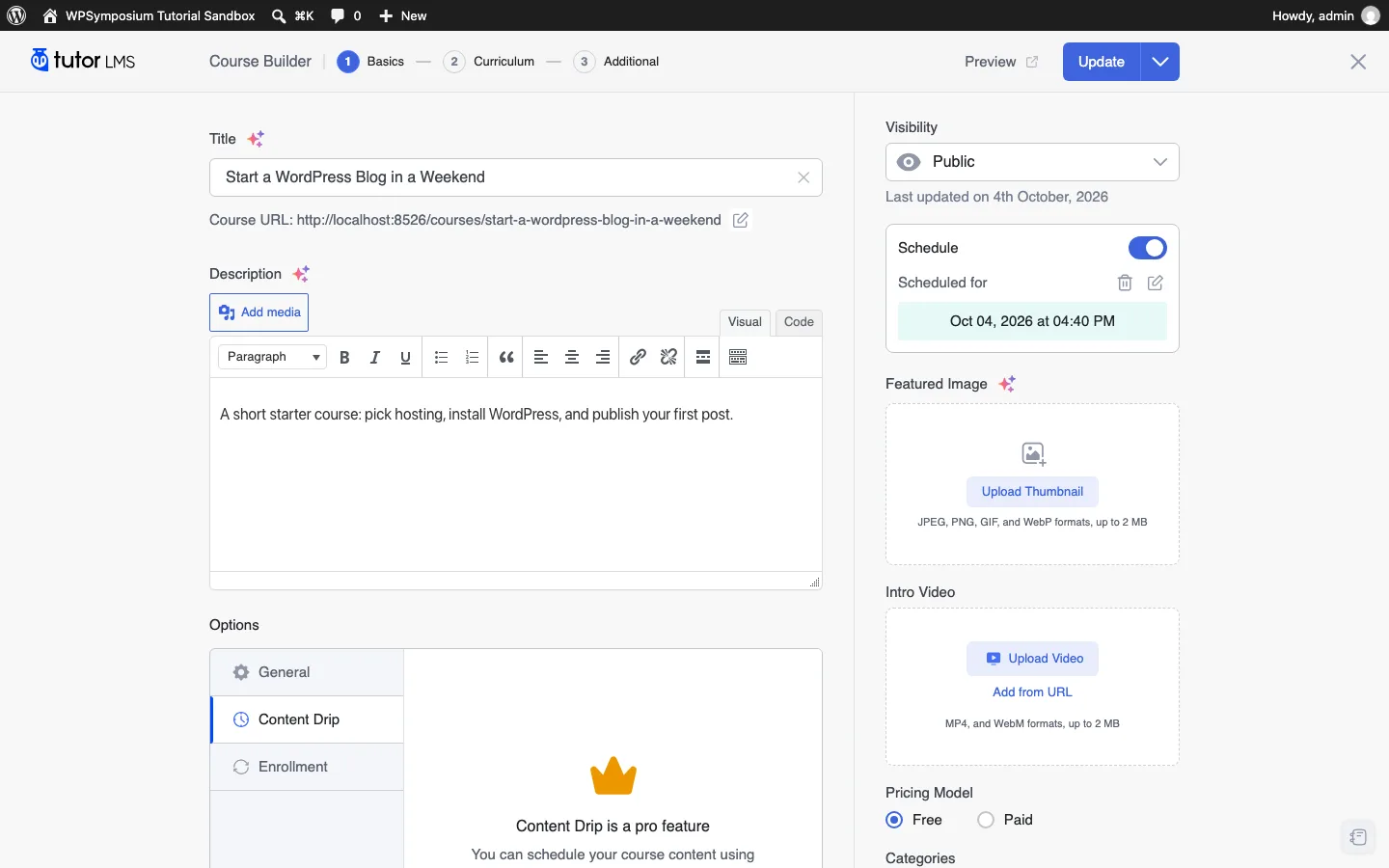 Tutor LMS course settings with the Content Drip tab showing a pro feature lock