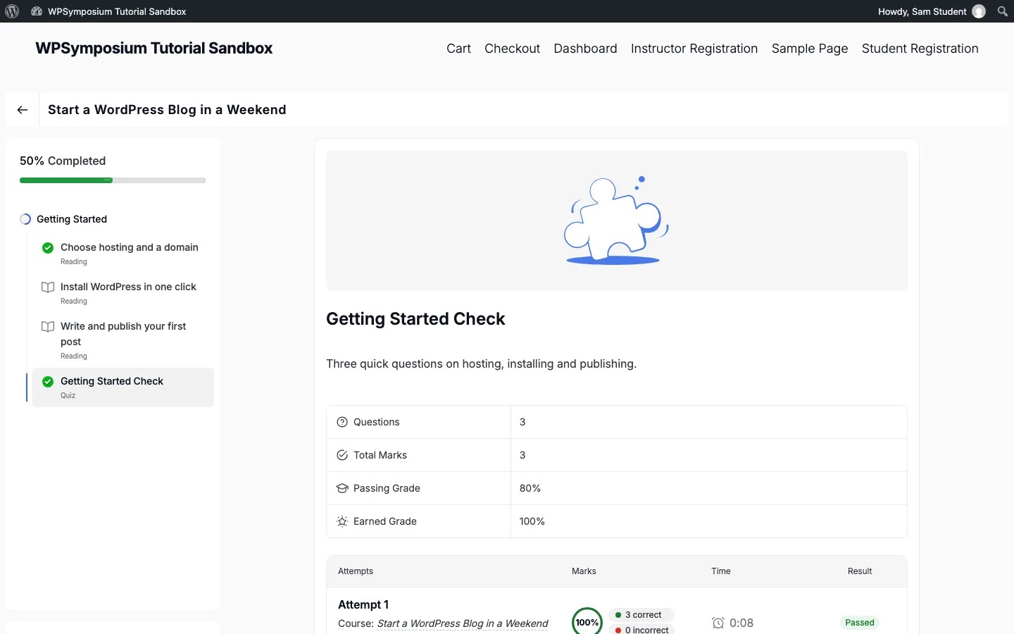 Tutor LMS quiz results page showing 3 questions, 80 percent passing grade, 100 percent earned grade and 50 percent course progress