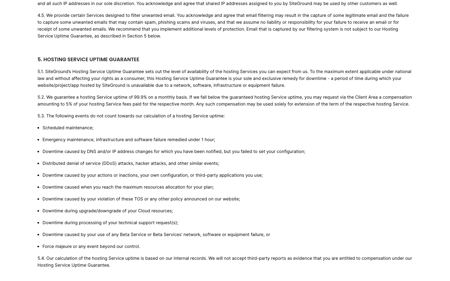 Section 5 of SiteGround’s terms of service guaranteeing 99.9% monthly uptime, with compensation of 5% of the month’s fees as extra hosting time, and a list of events that do not count as downtime