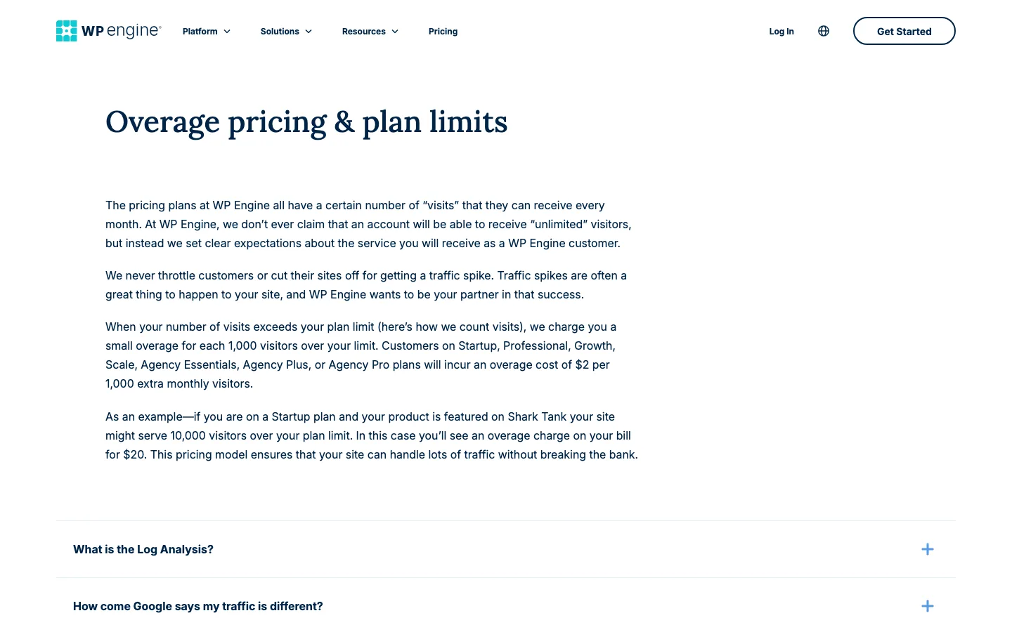 WP Engine’s “Overage pricing & plan limits” support page stating a $2 charge per 1,000 extra monthly visitors and that it never throttles sites for traffic spikes