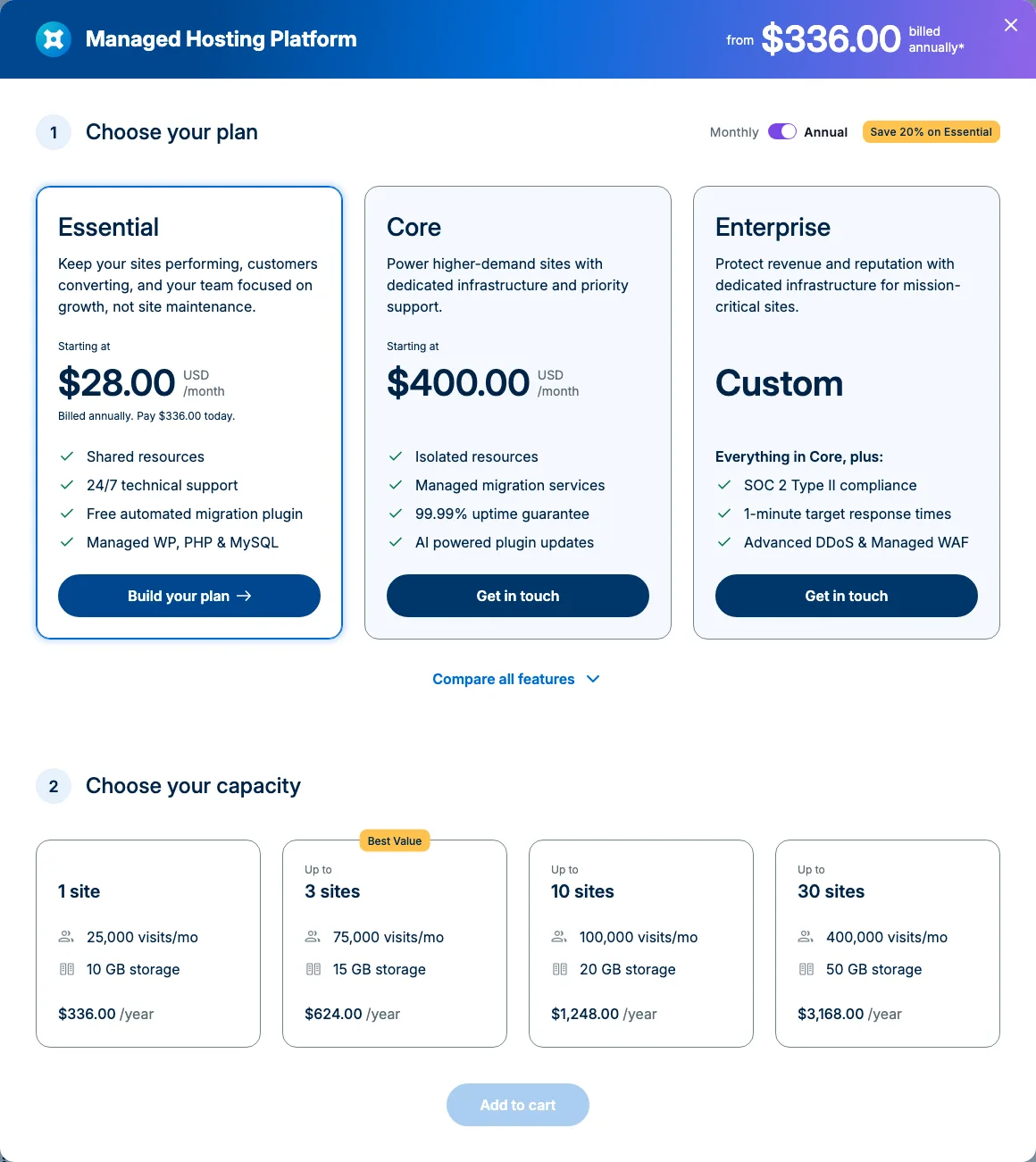 WP Engine’s plan builder on annual billing showing Essential from $28 a month with “Save 20% on Essential”, and capacity steps of 1, 3, 10 and 30 sites at $336, $624, $1,248 and $3,168 a year