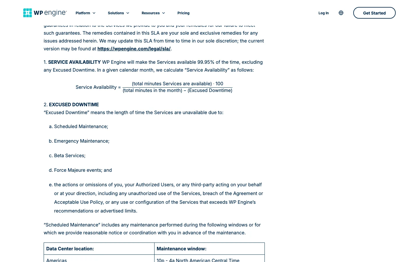 Sections 1 and 2 of WP Engine’s Service Level Agreement setting a 99.95% availability target and listing excused downtime