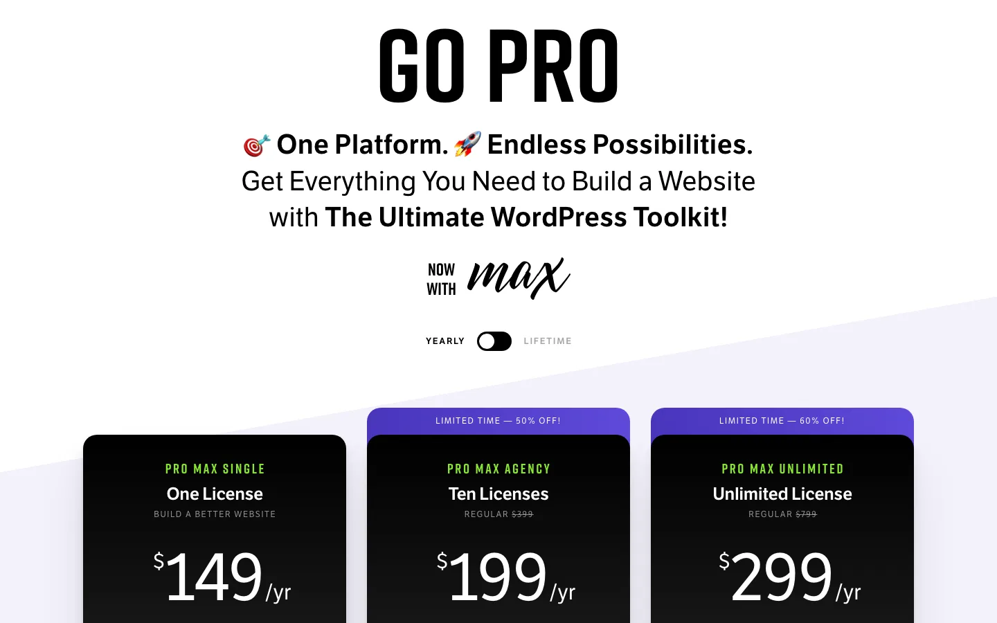 Themeco Pro Max pricing plans for one, ten and unlimited licenses