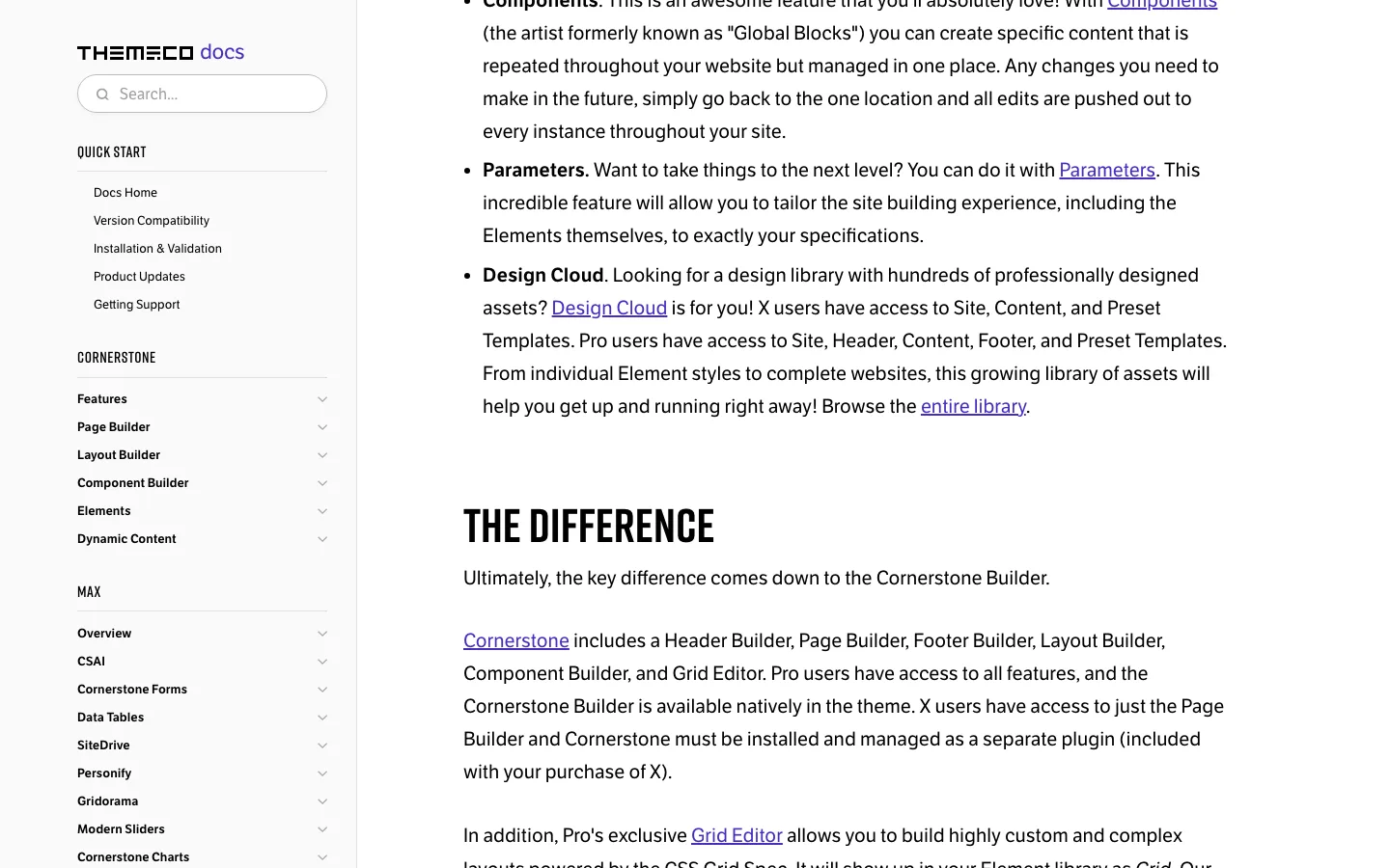 Themeco docs page explaining the key difference between X and Pro